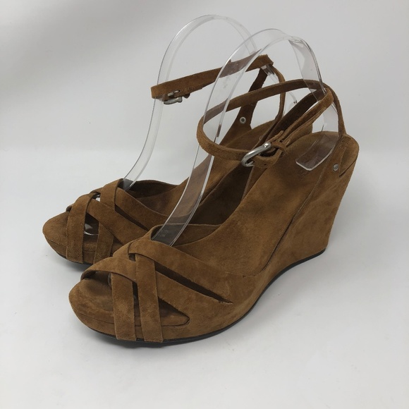 UGG Shoes - UGG Tan Suede Violet Wedge Peeptoe Sandals 9